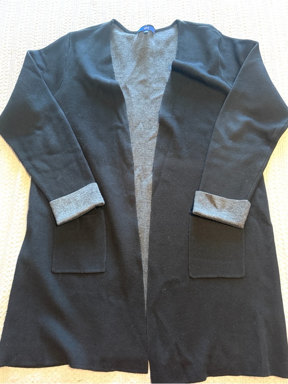 Reversible Black & Gray Open-Front Long Cardigan Jacket